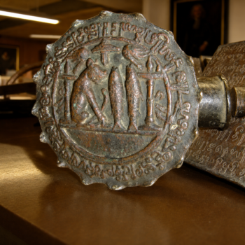Close-up of the Anaimangalam Copper Plates with royal seal